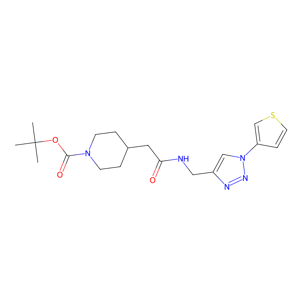 tert-butyl 4-(2-oxo-2-(((1-(thiophen-3-yl)-1H-1,2,3-triazol-4-yl)methyl)amino)ethyl)piperidine-1-carboxylate molecular structure, CAS 2034533-43-0
