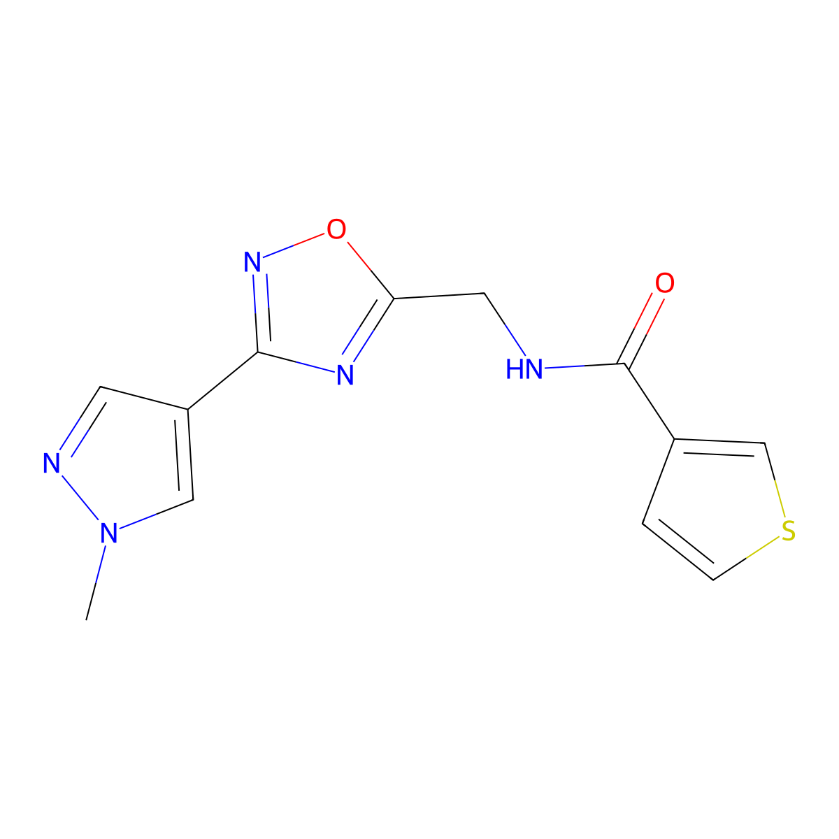 N-((3-(1-methyl-1H-pyrazol-4-yl)-1,2,4-oxadiazol-5-yl)methyl)thiophene-3-carboxamide molecular structure, CAS 2034533-49-6