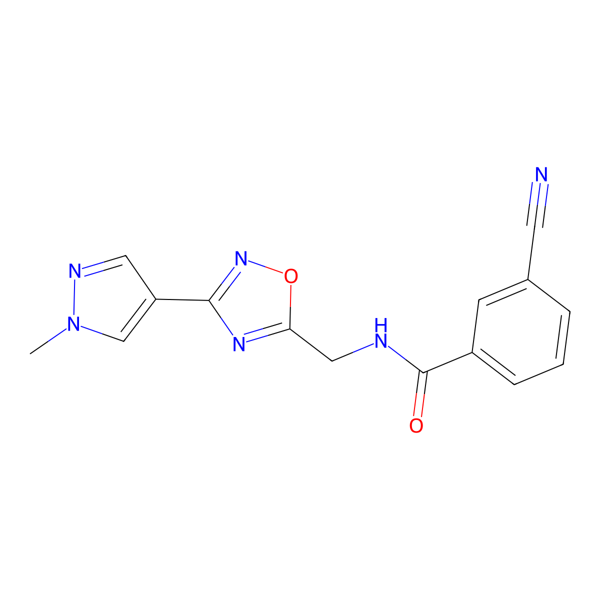 3-cyano-N-((3-(1-methyl-1H-pyrazol-4-yl)-1,2,4-oxadiazol-5-yl)methyl)benzamide molecular structure, CAS 2034533-55-4