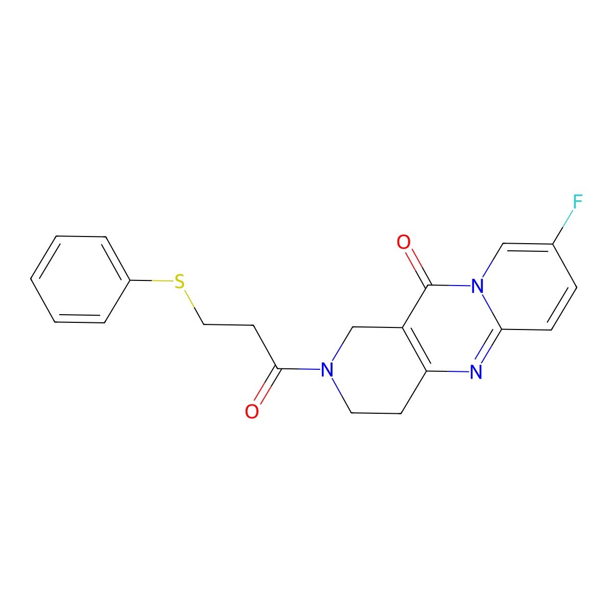 8-fluoro-2-(3-(phenylthio)propanoyl)-3,4-dihydro-1H-dipyrido[1,2-a:4',3'-d]pyrimidin-11(2H)-one molecular structure, CAS 2034533-61-2