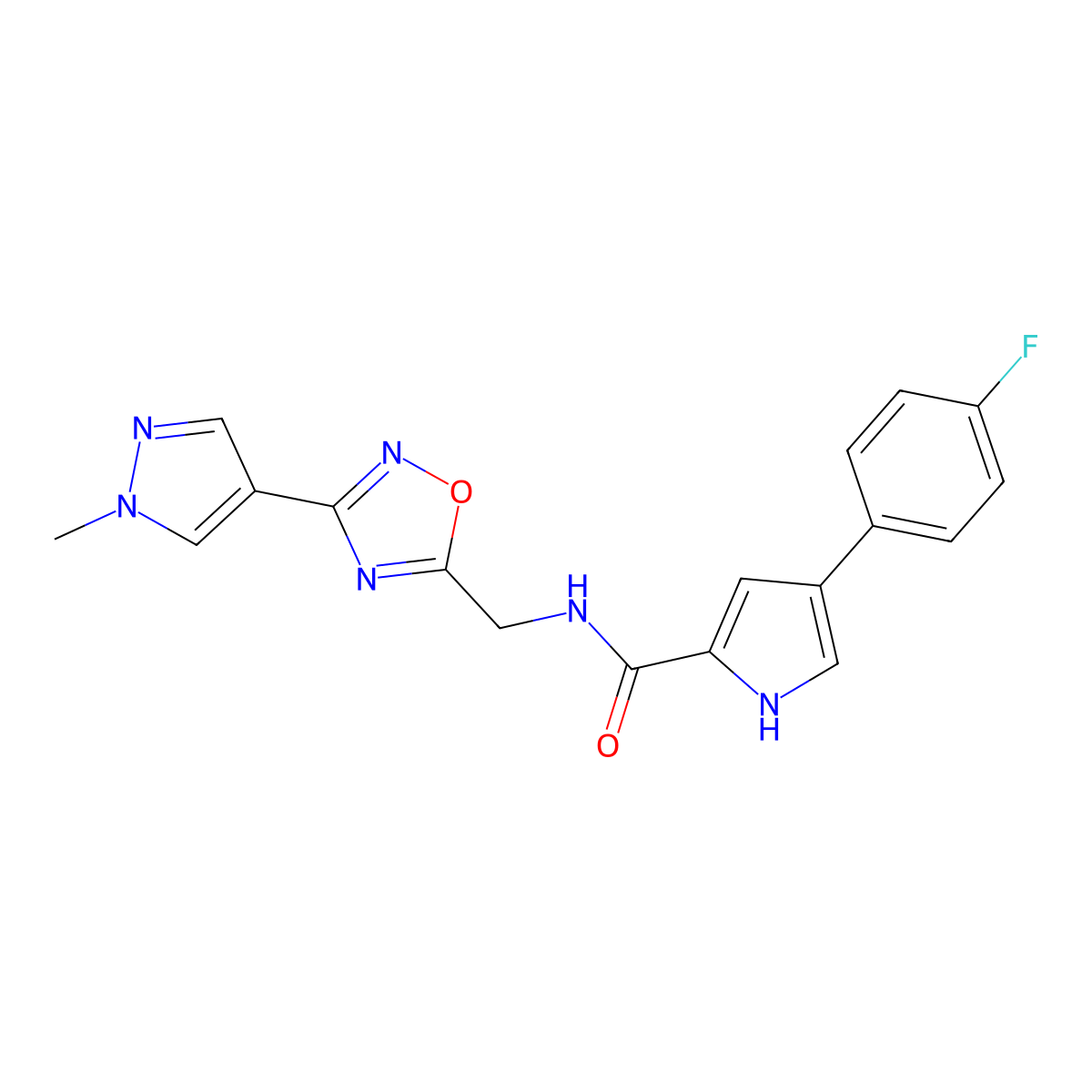 4-(4-fluorophenyl)-N-((3-(1-methyl-1H-pyrazol-4-yl)-1,2,4-oxadiazol-5-yl)methyl)-1H-pyrrole-2-carboxamide molecular structure, CAS 2034533-62-3