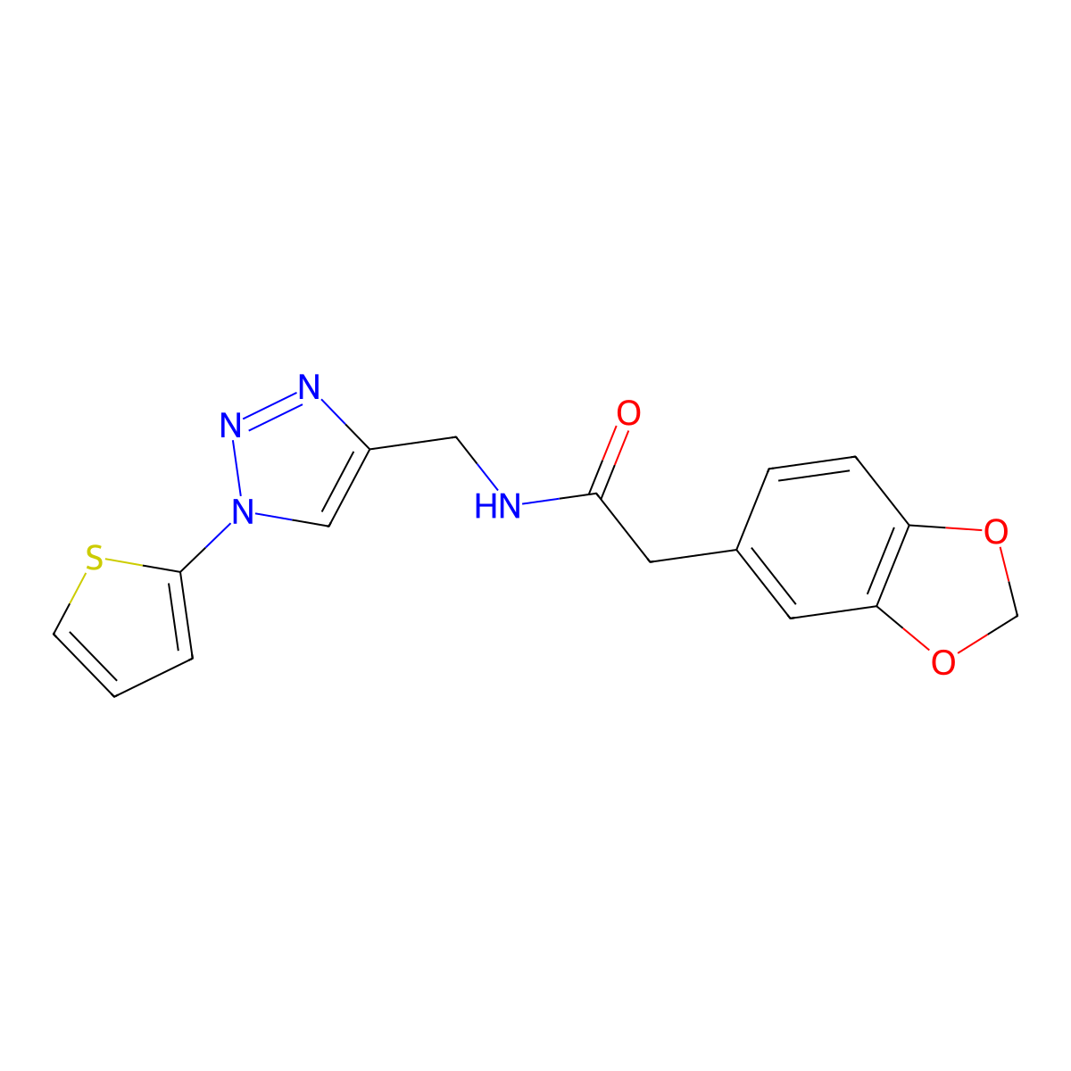 2-(benzo[d][1,3]dioxol-5-yl)-N-((1-(thiophen-2-yl)-1H-1,2,3-triazol-4-yl)methyl)acetamide molecular structure, CAS 2034533-63-4