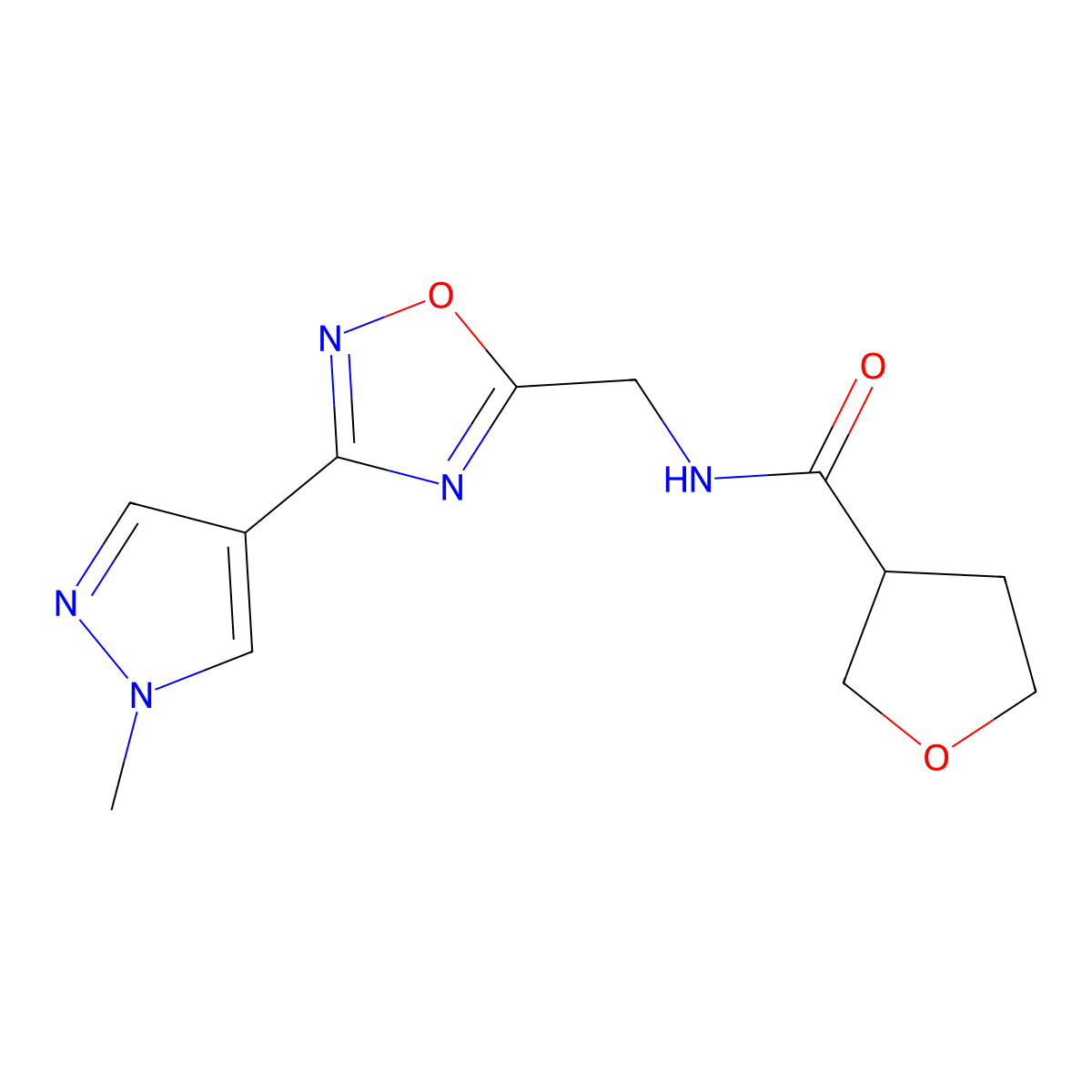 N-((3-(1-methyl-1H-pyrazol-4-yl)-1,2,4-oxadiazol-5-yl)methyl)tetrahydrofuran-3-carboxamide molecular structure, CAS 2034533-88-3