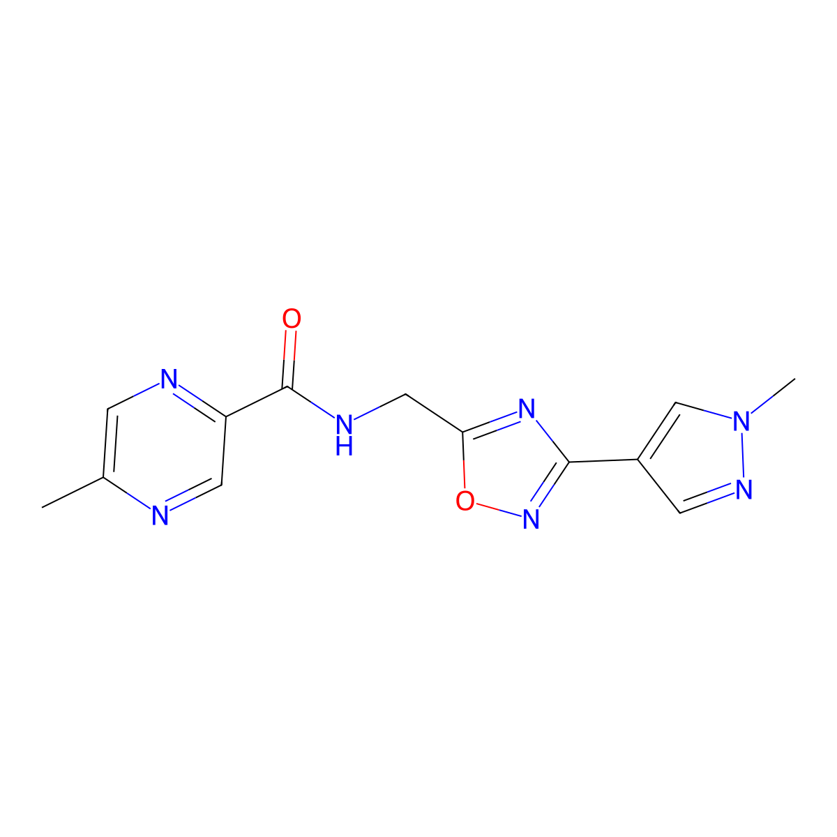 5-methyl-N-{[3-(1-methyl-1H-pyrazol-4-yl)-1,2,4-oxadiazol-5-yl]methyl}pyrazine-2-carboxamide molecular structure, CAS 2034533-95-2