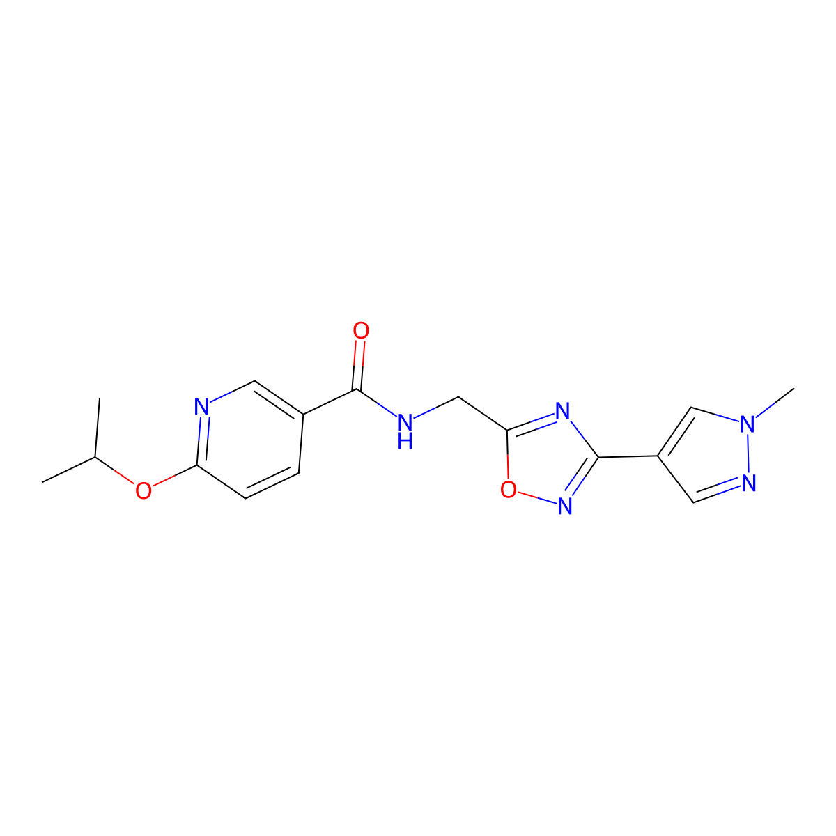 6-isopropoxy-N-((3-(1-methyl-1H-pyrazol-4-yl)-1,2,4-oxadiazol-5-yl)methyl)nicotinamide molecular structure, CAS 2034534-05-7