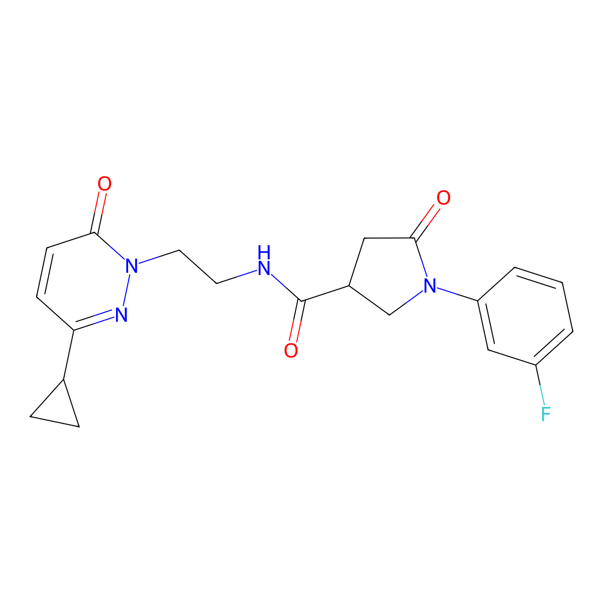 N-(2-(3-cyclopropyl-6-oxopyridazin-1(6H)-yl)ethyl)-1-(3-fluorophenyl)-5-oxopyrrolidine-3-carboxamide molecular structure, CAS 2034534-12-6
