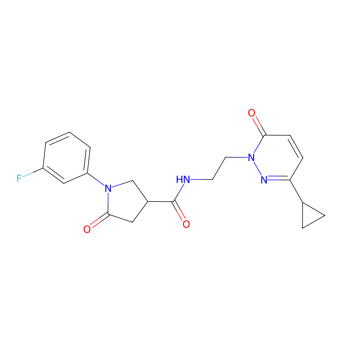 N-(2-(3-cyclopropyl-6-oxopyridazin-1(6H)-yl)ethyl)-1-(3-fluorophenyl)-5-oxopyrrolidine-3-carboxamide molecular structure, CAS 2034534-12-6