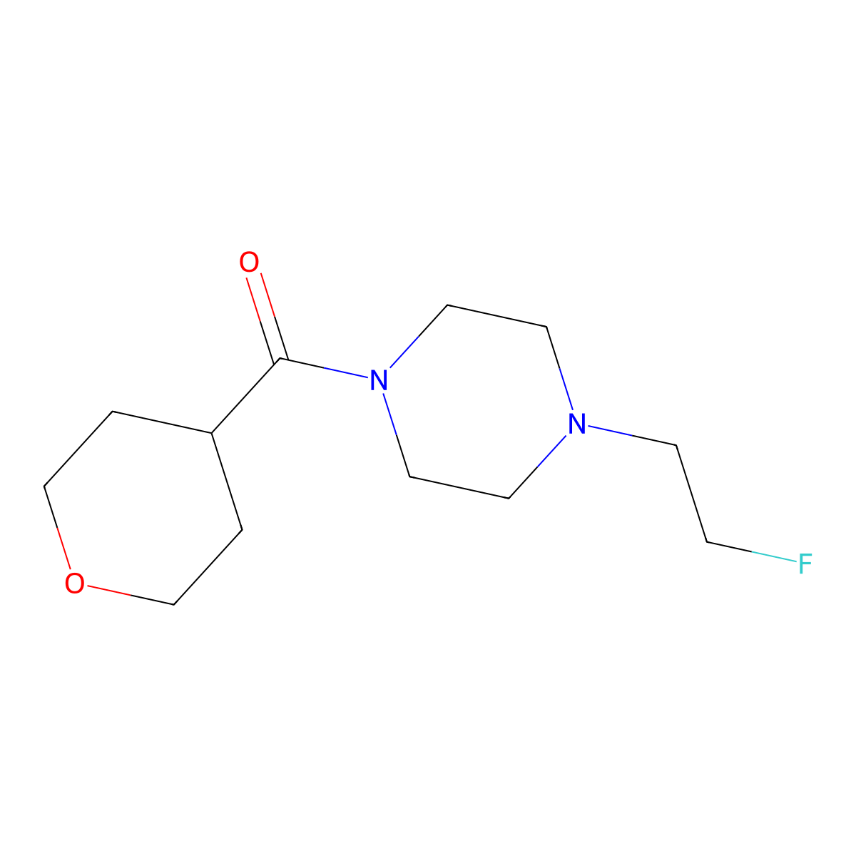 (4-(2-fluoroethyl)piperazin-1-yl)(tetrahydro-2H-pyran-4-yl)methanone molecular structure, CAS 2034534-14-8