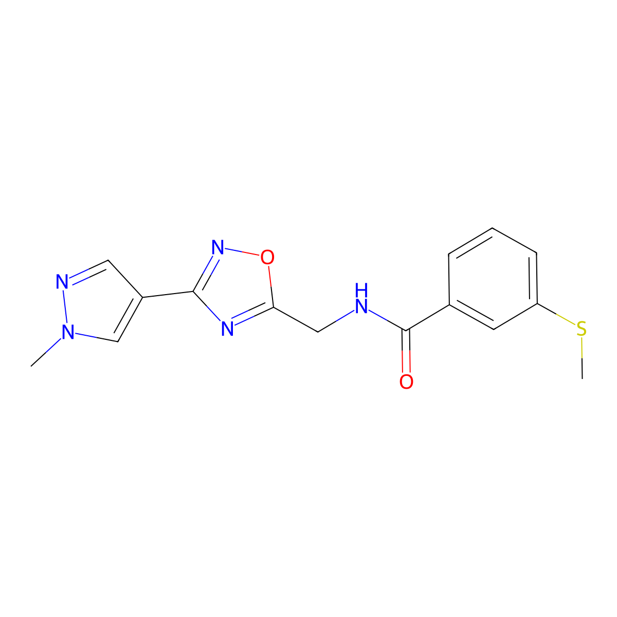 N-((3-(1-methyl-1H-pyrazol-4-yl)-1,2,4-oxadiazol-5-yl)methyl)-3-(methylthio)benzamide molecular structure, CAS 2034534-15-9