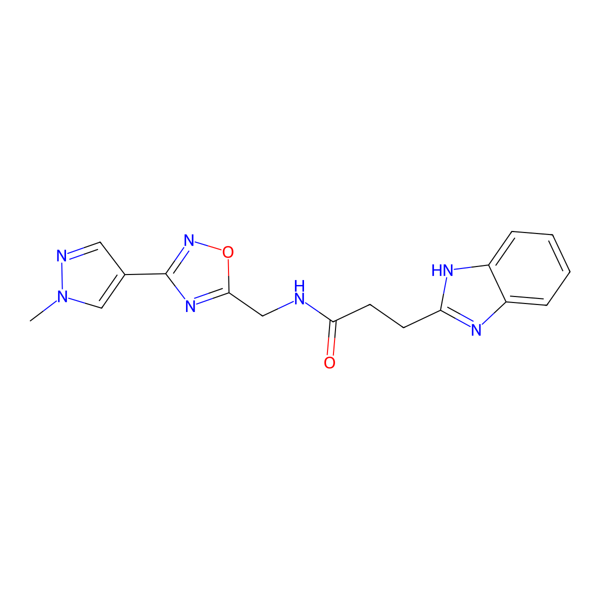 3-(1H-benzo[d]imidazol-2-yl)-N-((3-(1-methyl-1H-pyrazol-4-yl)-1,2,4-oxadiazol-5-yl)methyl)propanamide molecular structure, CAS 2034534-25-1