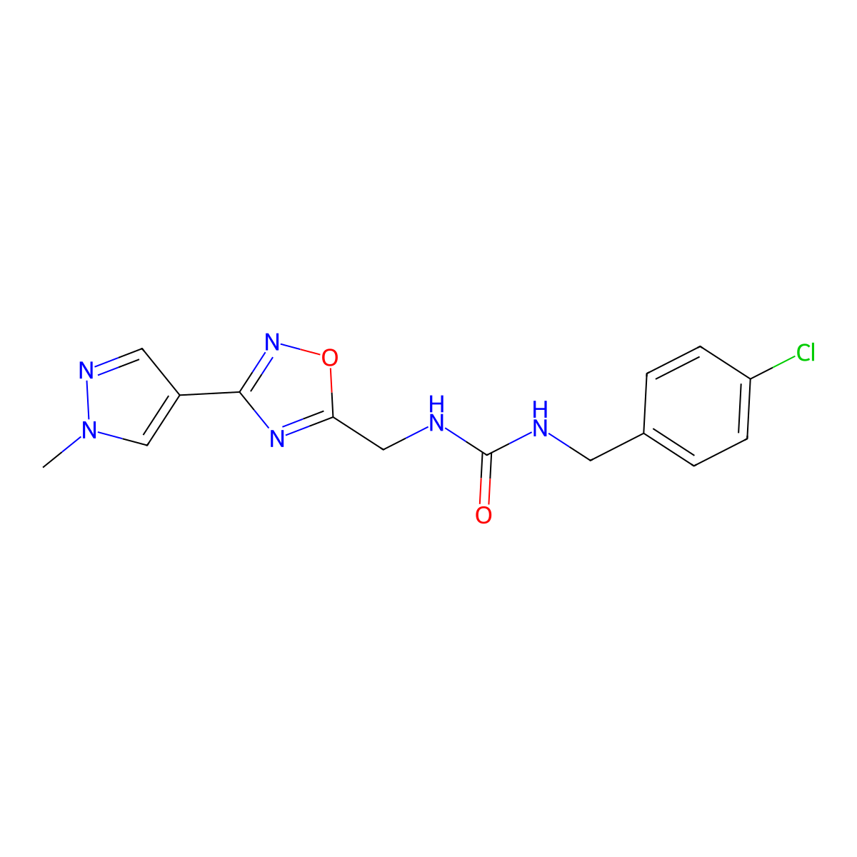 1-(4-chlorobenzyl)-3-((3-(1-methyl-1H-pyrazol-4-yl)-1,2,4-oxadiazol-5-yl)methyl)urea molecular structure, CAS 2034534-30-8