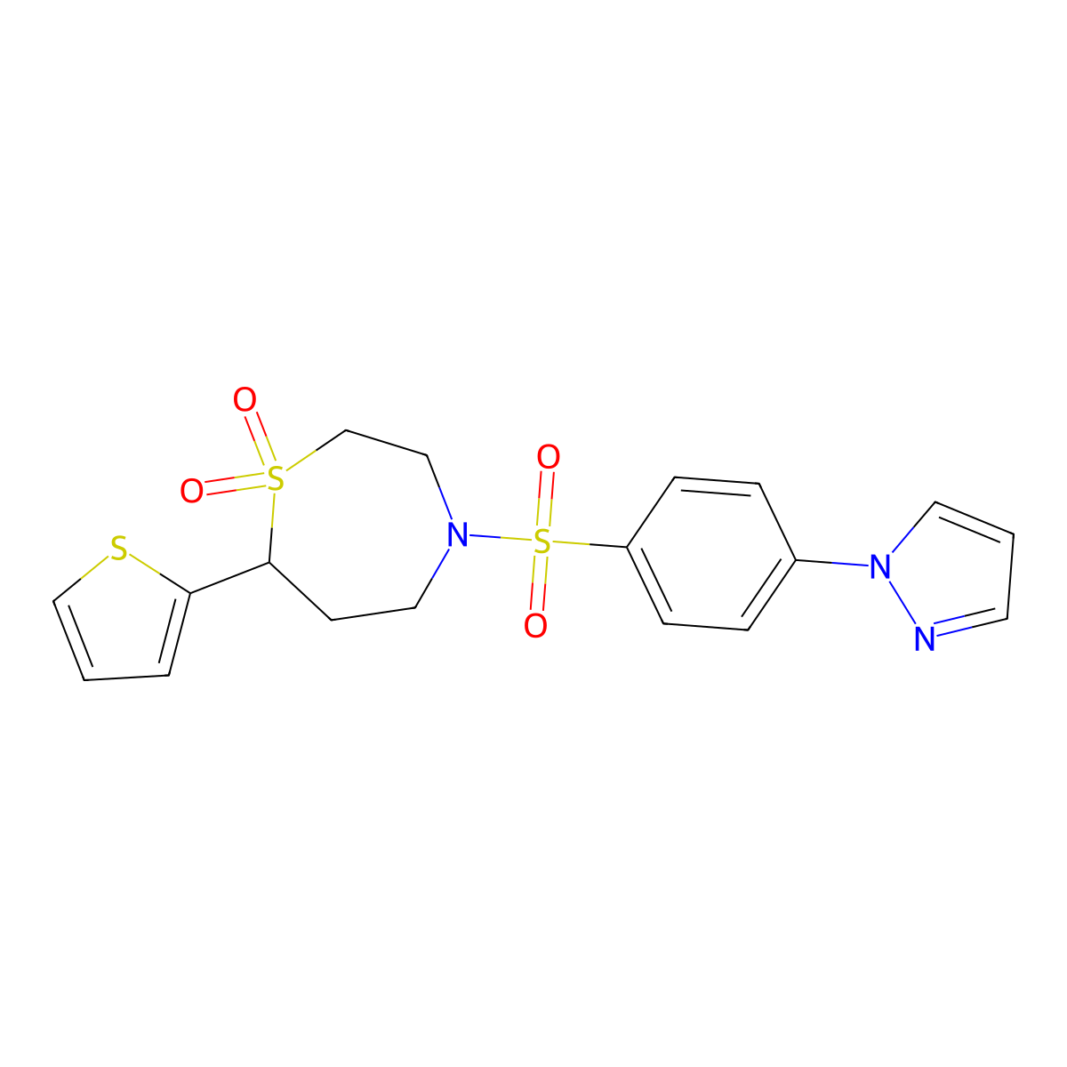 4-((4-(1H-pyrazol-1-yl)phenyl)sulfonyl)-7-(thiophen-2-yl)-1,4-thiazepane 1,1-dioxide molecular structure, CAS 2034534-36-4