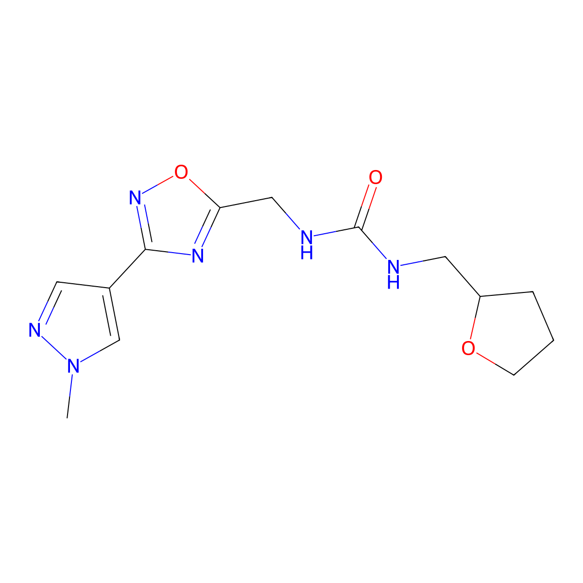 1-((3-(1-methyl-1H-pyrazol-4-yl)-1,2,4-oxadiazol-5-yl)methyl)-3-((tetrahydrofuran-2-yl)methyl)urea molecular structure, CAS 2034534-39-7
