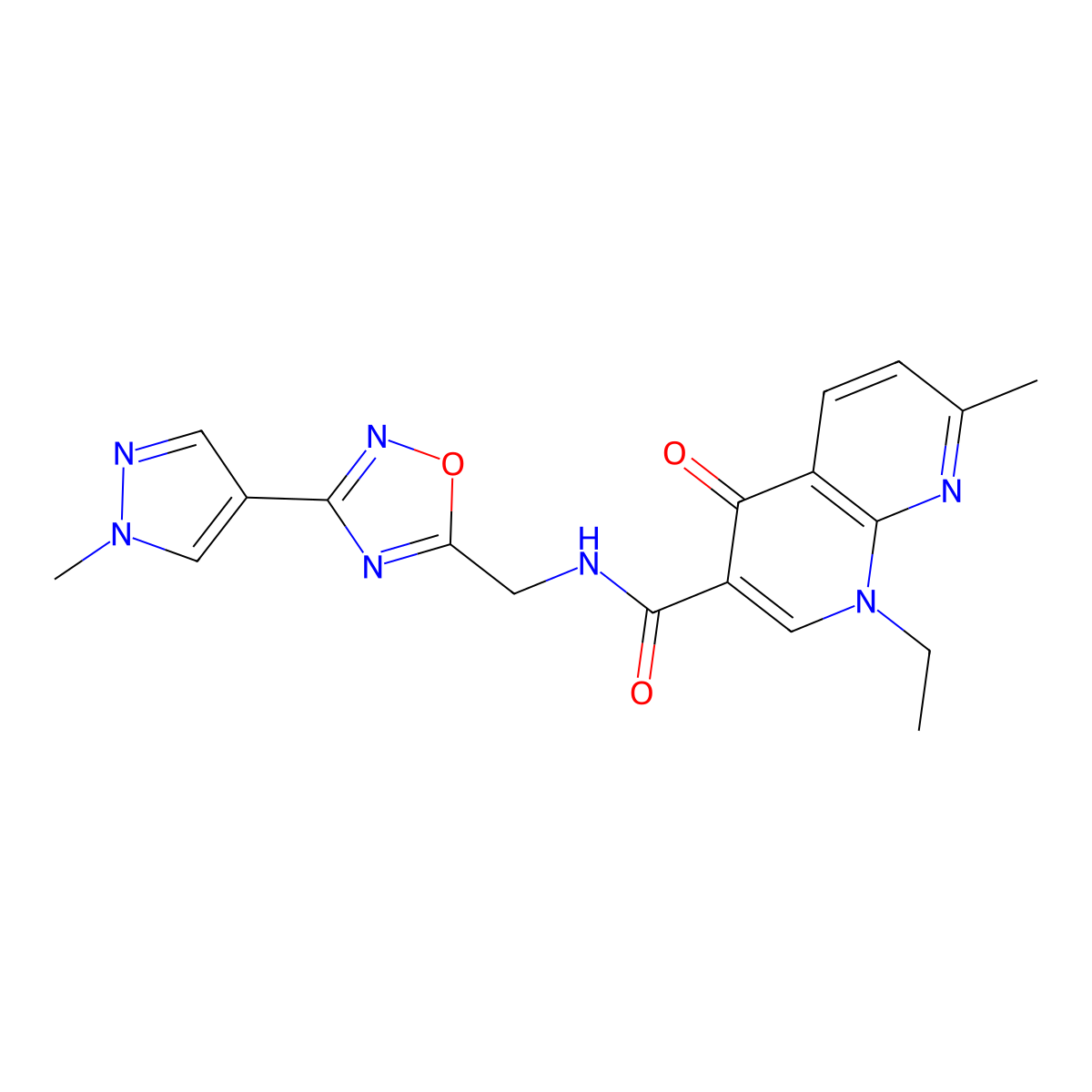 1-ethyl-7-methyl-N-((3-(1-methyl-1H-pyrazol-4-yl)-1,2,4-oxadiazol-5-yl)methyl)-4-oxo-1,4-dihydro-1,8-naphthyridine-3-carboxamide molecular structure, CAS 2034534-48-8