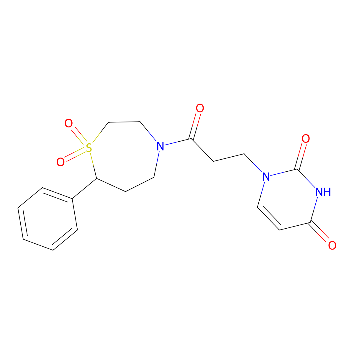 1-(3-(1,1-dioxido-7-phenyl-1,4-thiazepan-4-yl)-3-oxopropyl)pyrimidine-2,4(1H,3H)-dione molecular structure, CAS 2034534-50-2