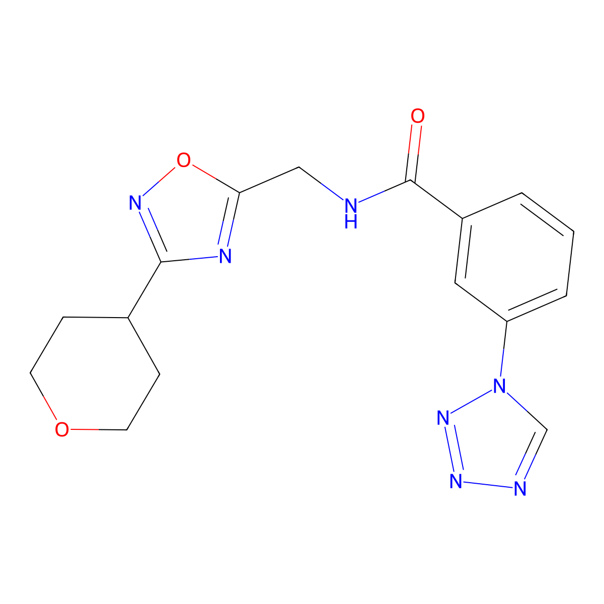 N-((3-(tetrahydro-2H-pyran-4-yl)-1,2,4-oxadiazol-5-yl)methyl)-3-(1H-tetrazol-1-yl)benzamide molecular structure, CAS 2034534-55-7