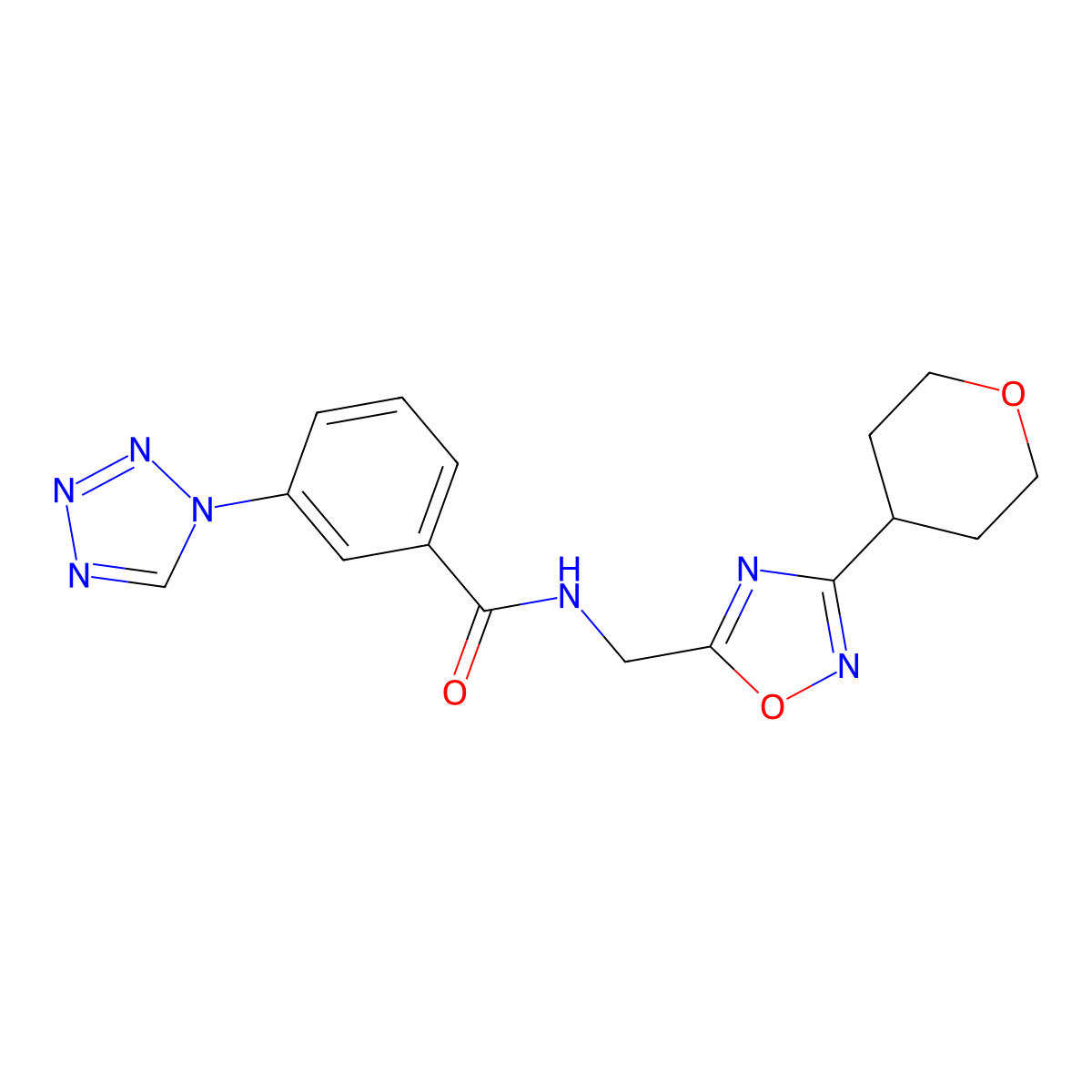 N-((3-(tetrahydro-2H-pyran-4-yl)-1,2,4-oxadiazol-5-yl)methyl)-3-(1H-tetrazol-1-yl)benzamide molecular structure, CAS 2034534-55-7
