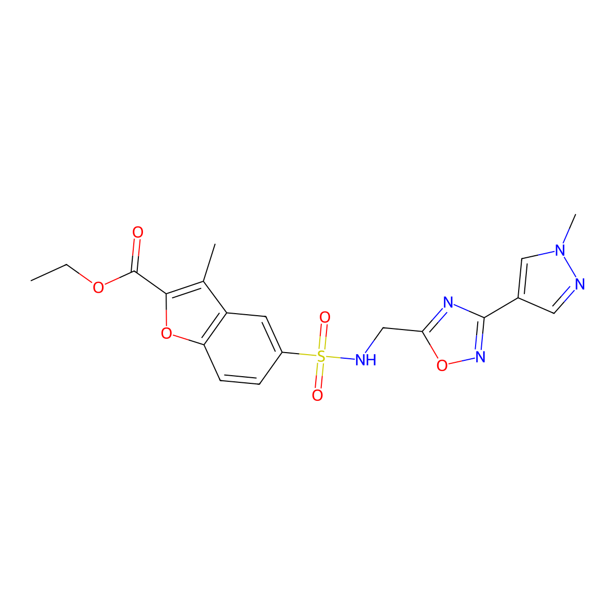 ethyl 3-methyl-5-(N-((3-(1-methyl-1H-pyrazol-4-yl)-1,2,4-oxadiazol-5-yl)methyl)sulfamoyl)benzofuran-2-carboxylate molecular structure, CAS 2034534-57-9