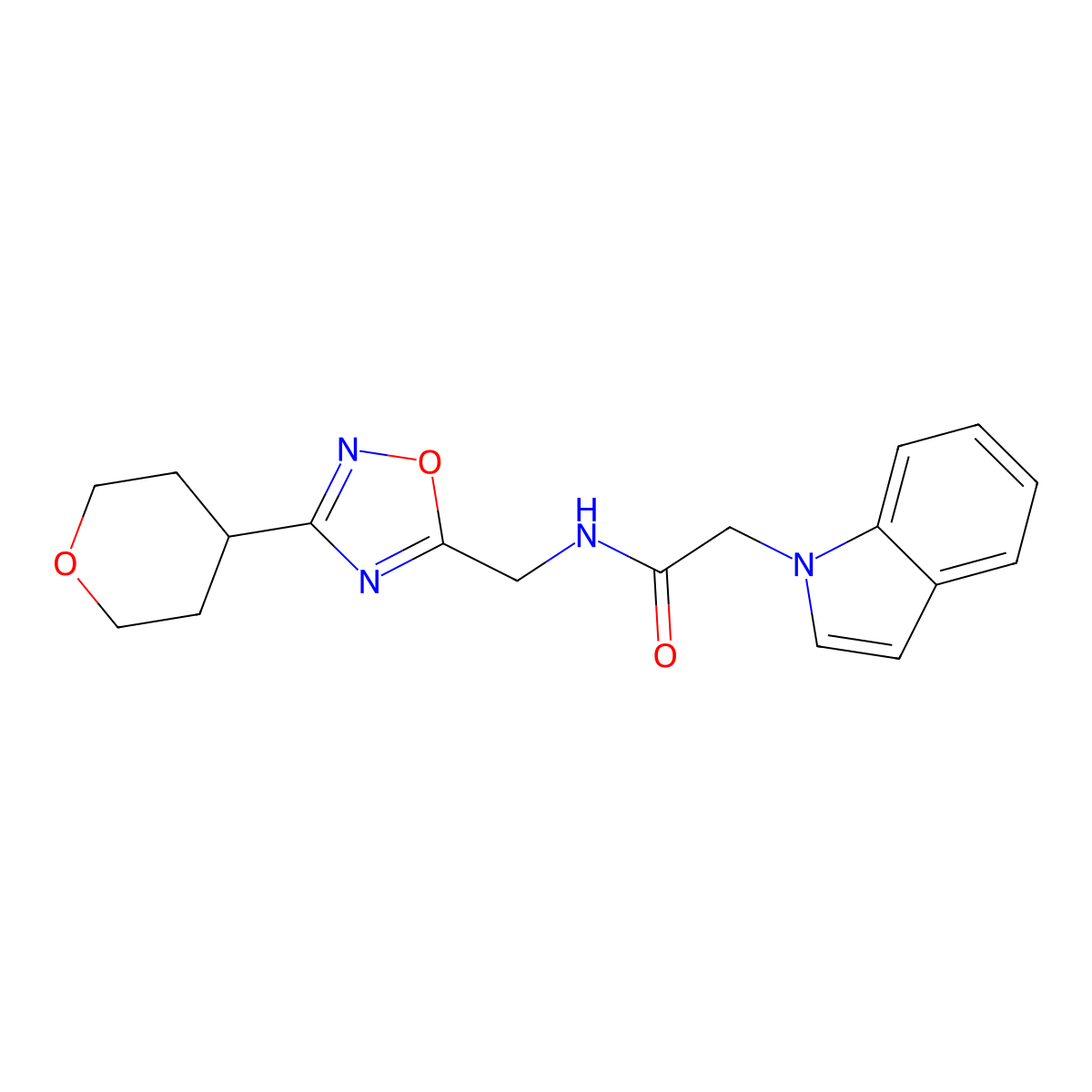 2-(1H-indol-1-yl)-N-((3-(tetrahydro-2H-pyran-4-yl)-1,2,4-oxadiazol-5-yl)methyl)acetamide molecular structure, CAS 2034534-63-7