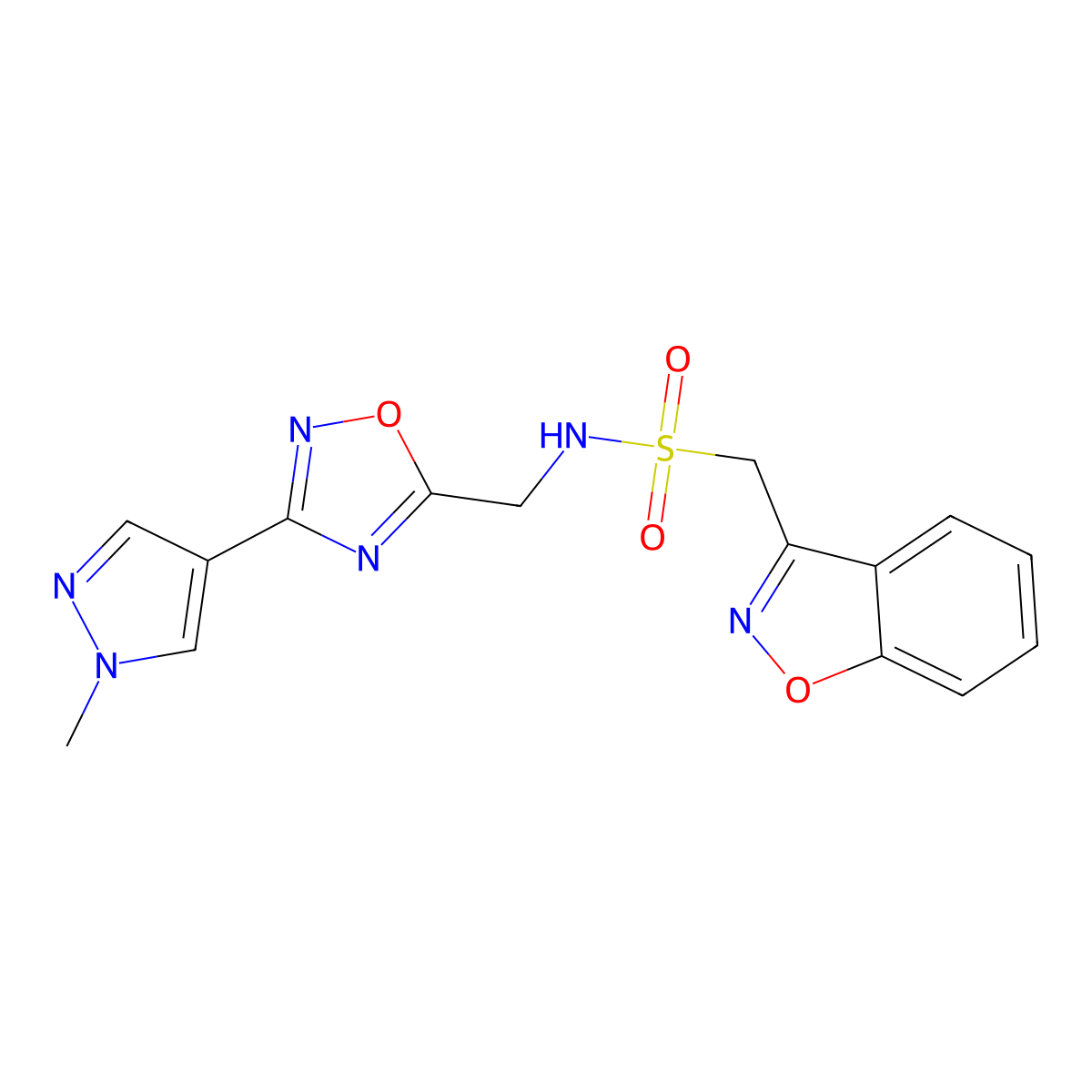 1-(benzo[d]isoxazol-3-yl)-N-((3-(1-methyl-1H-pyrazol-4-yl)-1,2,4-oxadiazol-5-yl)methyl)methanesulfonamide molecular structure, CAS 2034534-68-2