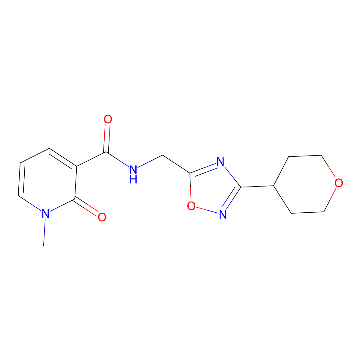 1-methyl-2-oxo-N-((3-(tetrahydro-2H-pyran-4-yl)-1,2,4-oxadiazol-5-yl)methyl)-1,2-dihydropyridine-3-carboxamide molecular structure, CAS 2034534-71-7