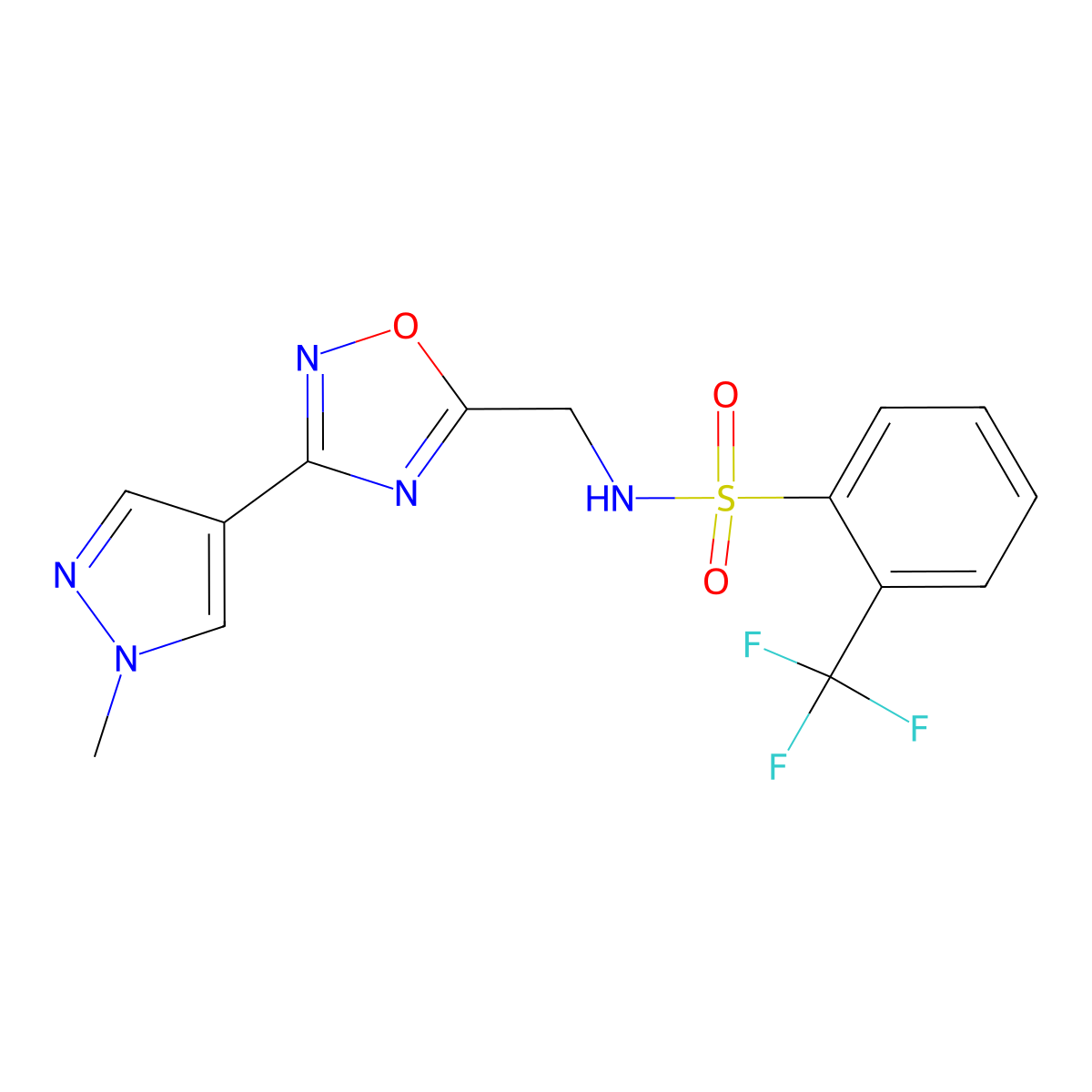 N-((3-(1-methyl-1H-pyrazol-4-yl)-1,2,4-oxadiazol-5-yl)methyl)-2-(trifluoromethyl)benzenesulfonamide molecular structure, CAS 2034534-74-0