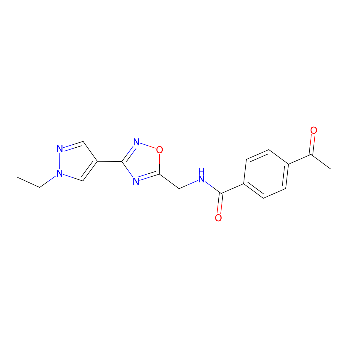 4-acetyl-N-((3-(1-ethyl-1H-pyrazol-4-yl)-1,2,4-oxadiazol-5-yl)methyl)benzamide molecular structure, CAS 2034534-84-2