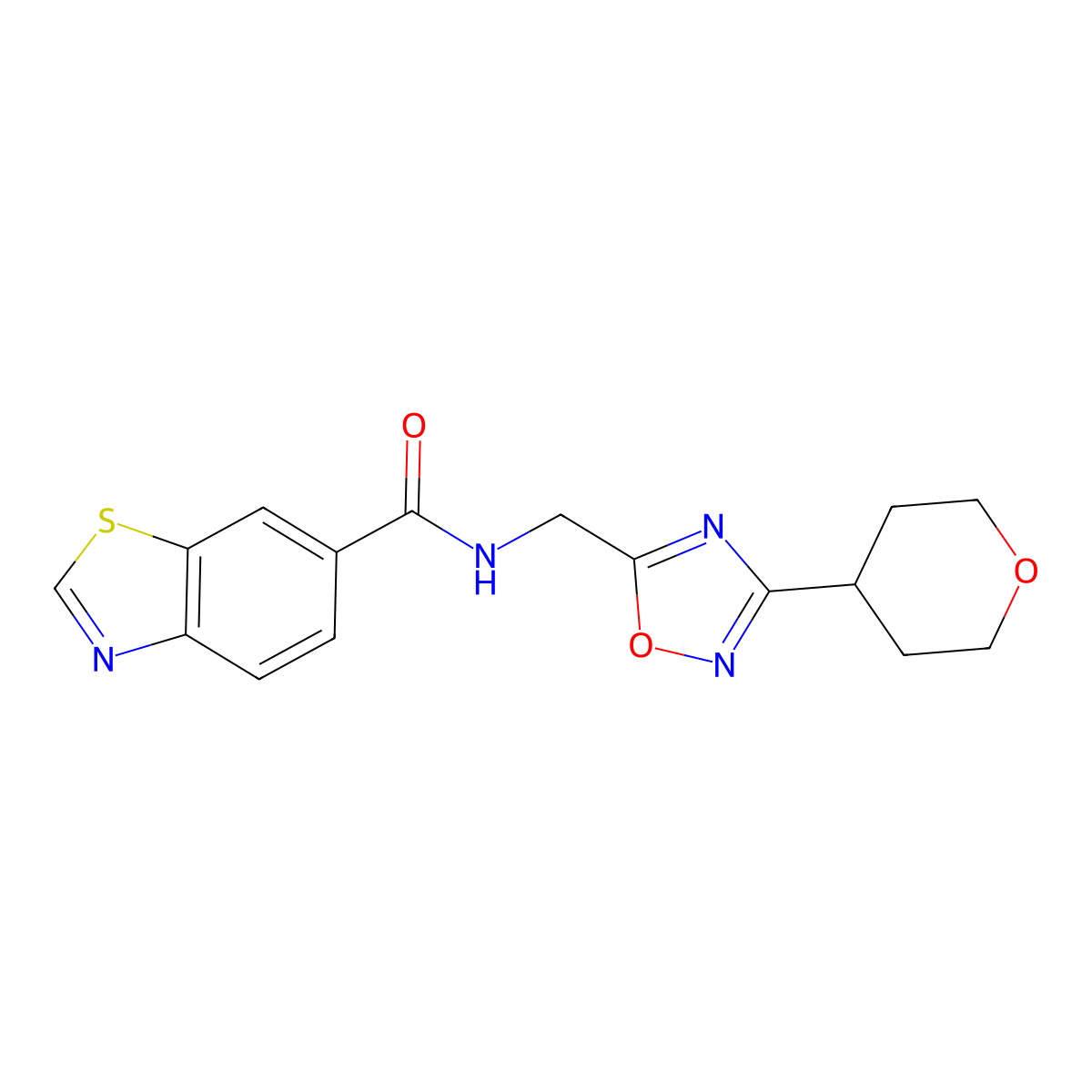 N-((3-(tetrahydro-2H-pyran-4-yl)-1,2,4-oxadiazol-5-yl)methyl)benzo[d]thiazole-6-carboxamide molecular structure, CAS 2034534-86-4