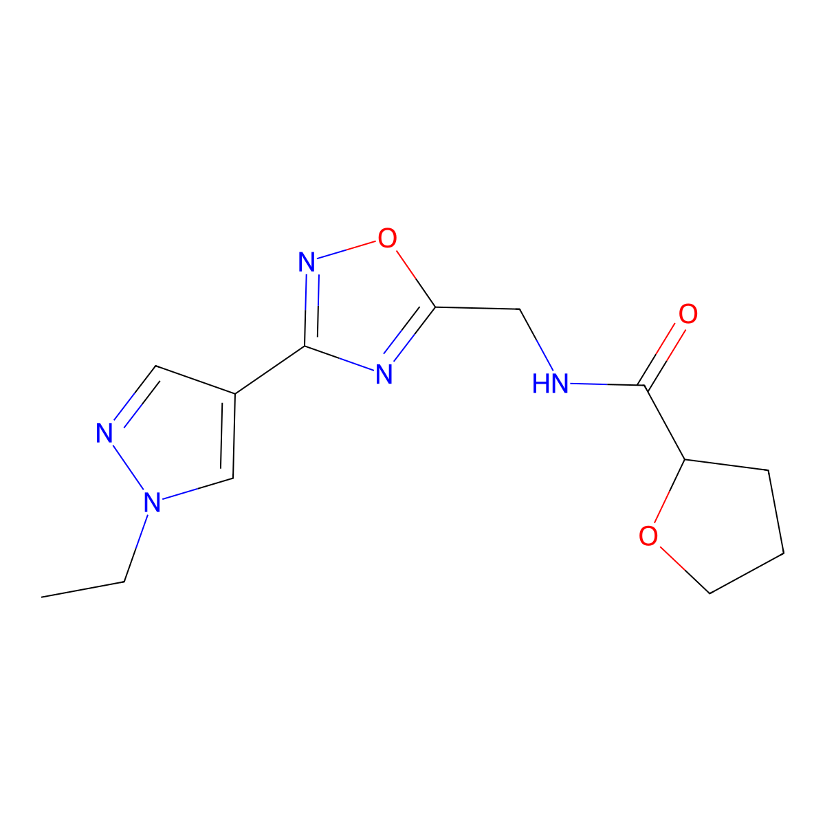 N-((3-(1-ethyl-1H-pyrazol-4-yl)-1,2,4-oxadiazol-5-yl)methyl)tetrahydrofuran-2-carboxamide molecular structure, CAS 2034534-97-7
