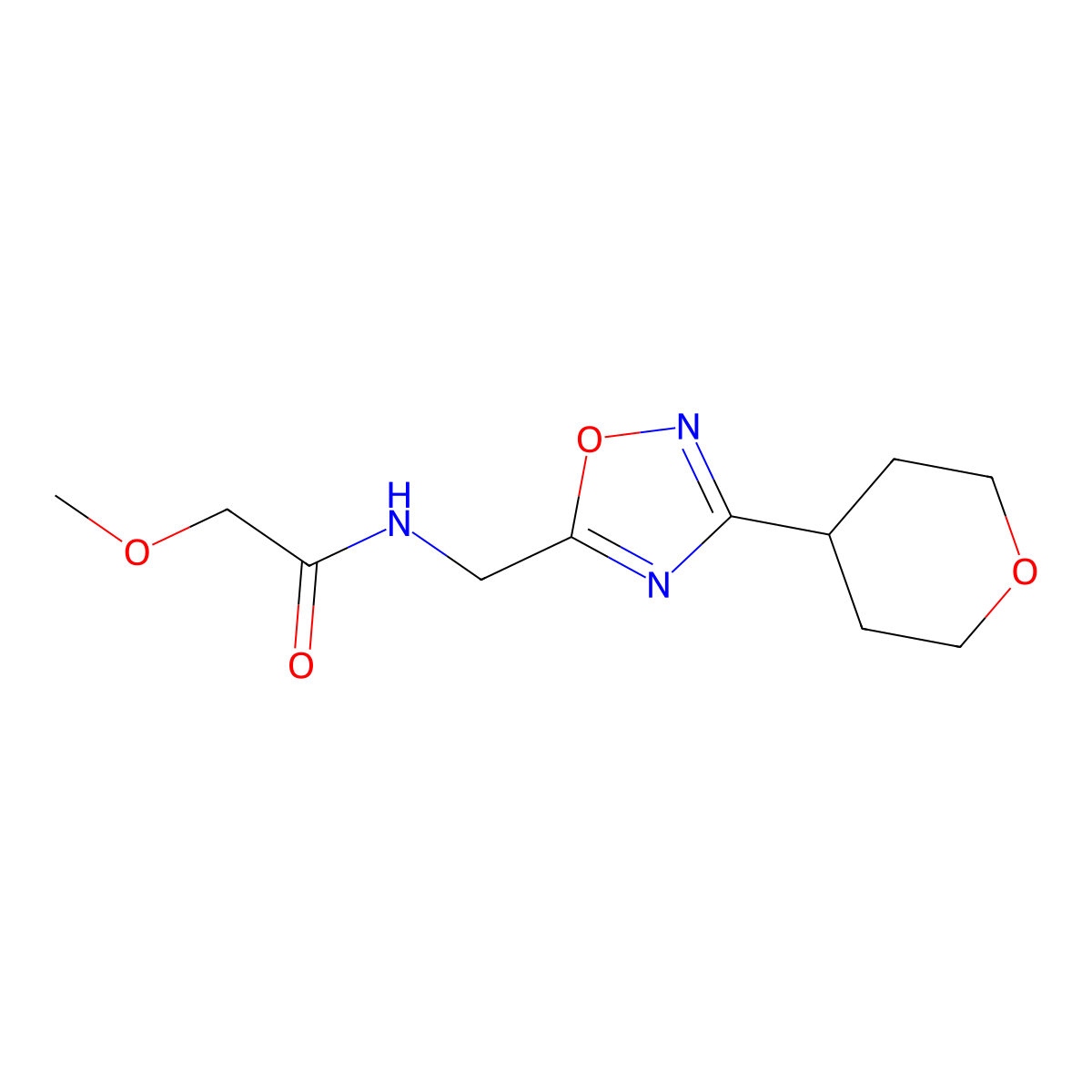 2-methoxy-N-((3-(tetrahydro-2H-pyran-4-yl)-1,2,4-oxadiazol-5-yl)methyl)acetamide molecular structure, CAS 2034535-00-5