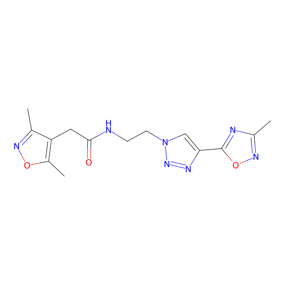 2-(3,5-dimethylisoxazol-4-yl)-N-(2-(4-(3-methyl-1,2,4-oxadiazol-5-yl)-1H-1,2,3-triazol-1-yl)ethyl)acetamide molecular structure, CAS 2034535-02-7
