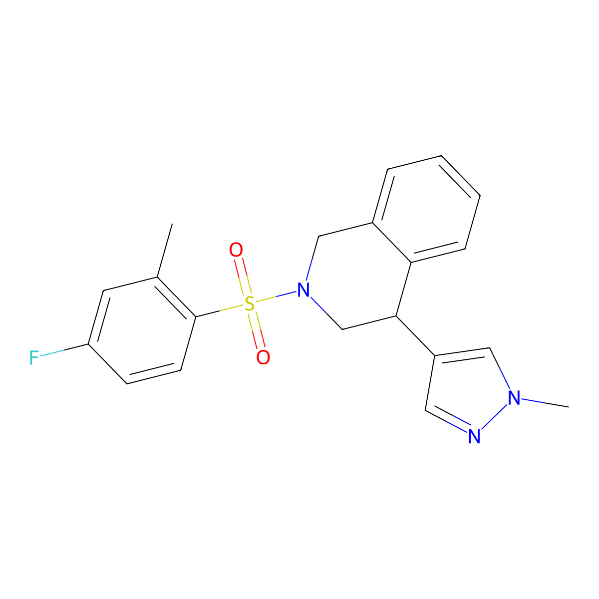 2-((4-fluoro-2-methylphenyl)sulfonyl)-4-(1-methyl-1H-pyrazol-4-yl)-1,2,3,4-tetrahydroisoquinoline molecular structure, CAS 2034535-04-9