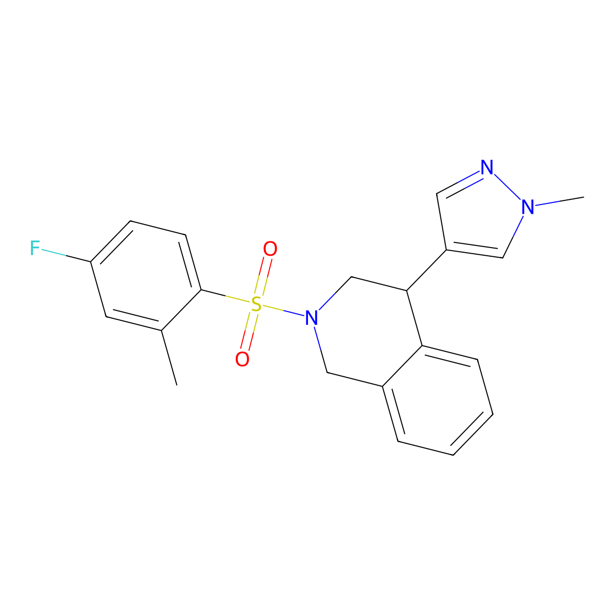 2-((4-fluoro-2-methylphenyl)sulfonyl)-4-(1-methyl-1H-pyrazol-4-yl)-1,2,3,4-tetrahydroisoquinoline molecular structure, CAS 2034535-04-9