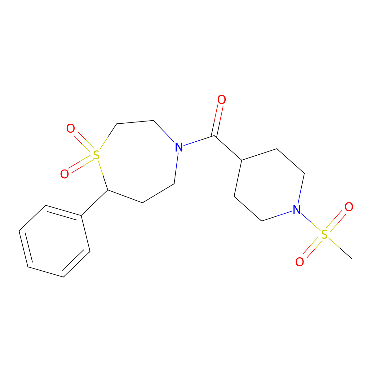 (1,1-Dioxido-7-phenyl-1,4-thiazepan-4-yl)(1-(methylsulfonyl)piperidin-4-yl)methanone molecular structure, CAS 2034535-05-0