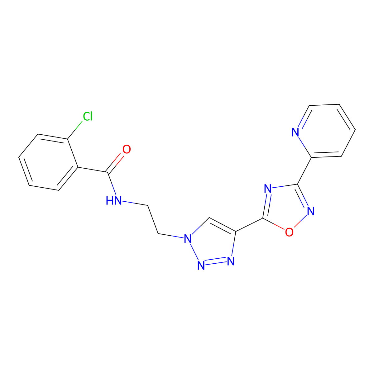 2-chloro-N-(2-(4-(3-(pyridin-2-yl)-1,2,4-oxadiazol-5-yl)-1H-1,2,3-triazol-1-yl)ethyl)benzamide molecular structure, CAS 2034535-09-4