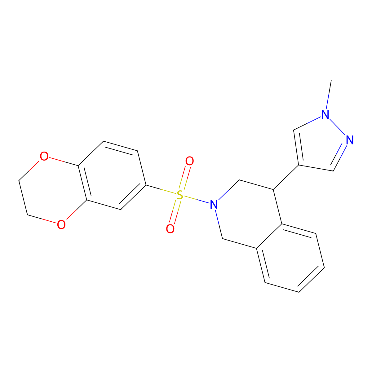2-((2,3-dihydrobenzo[b][1,4]dioxin-6-yl)sulfonyl)-4-(1-methyl-1H-pyrazol-4-yl)-1,2,3,4-tetrahydroisoquinoline molecular structure, CAS 2034535-18-5