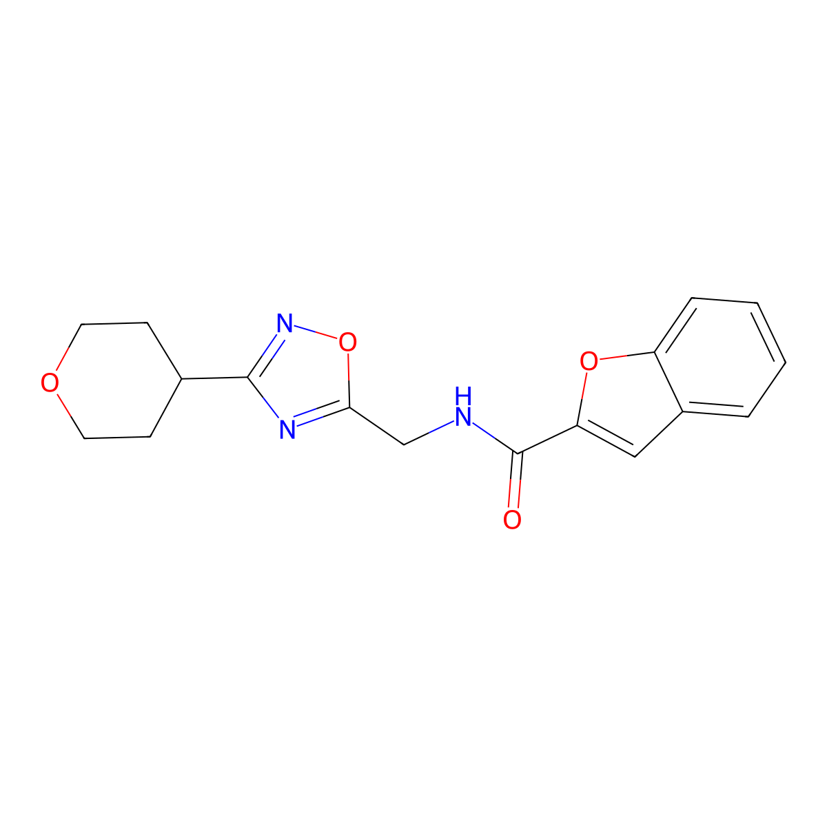 N-((3-(tetrahydro-2H-pyran-4-yl)-1,2,4-oxadiazol-5-yl)methyl)benzofuran-2-carboxamide molecular structure, CAS 2034535-20-9
