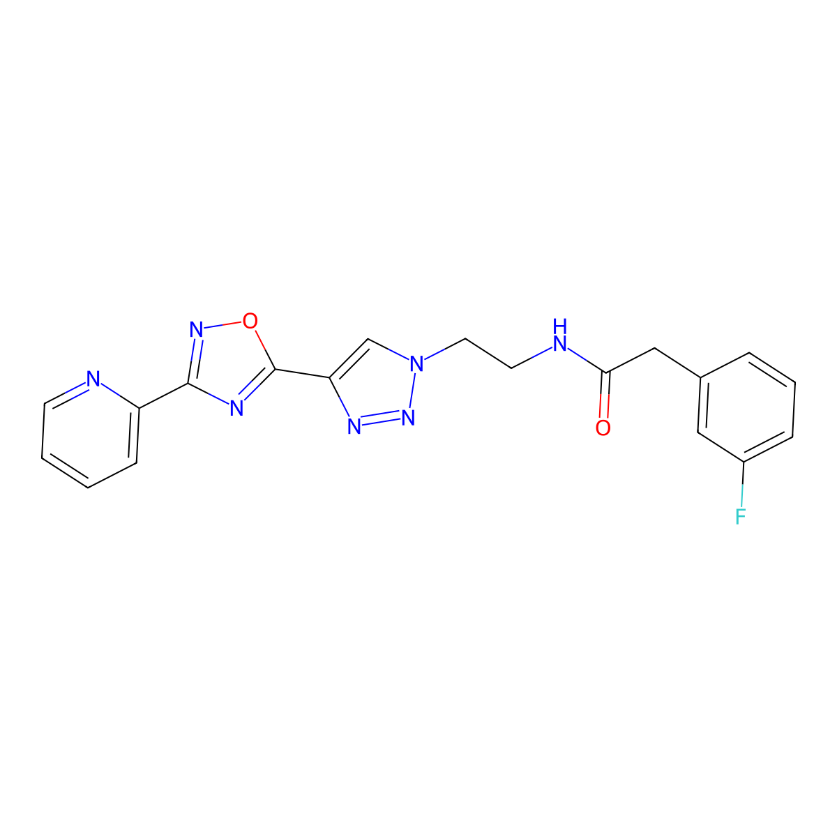 2-(3-fluorophenyl)-N-(2-(4-(3-(pyridin-2-yl)-1,2,4-oxadiazol-5-yl)-1H-1,2,3-triazol-1-yl)ethyl)acetamide molecular structure, CAS 2034535-22-1