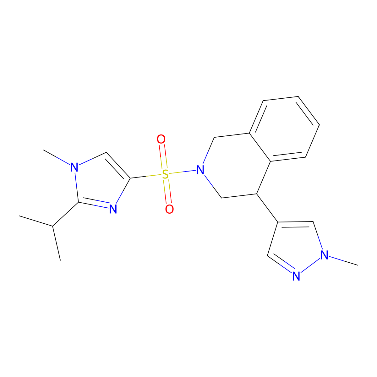 2-((2-isopropyl-1-methyl-1H-imidazol-4-yl)sulfonyl)-4-(1-methyl-1H-pyrazol-4-yl)-1,2,3,4-tetrahydroisoquinoline molecular structure, CAS 2034535-26-5