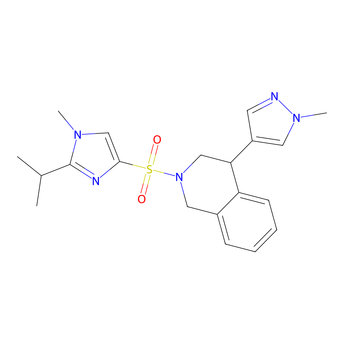 2-((2-isopropyl-1-methyl-1H-imidazol-4-yl)sulfonyl)-4-(1-methyl-1H-pyrazol-4-yl)-1,2,3,4-tetrahydroisoquinoline molecular structure, CAS 2034535-26-5