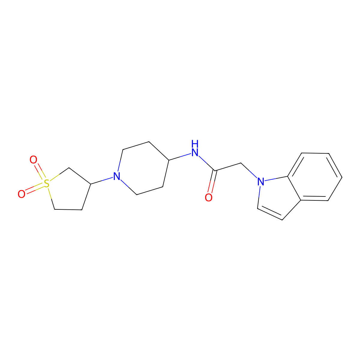 N-(1-(1,1-dioxidotetrahydrothiophen-3-yl)piperidin-4-yl)-2-(1H-indol-1-yl)acetamide molecular structure, CAS 2034535-29-8