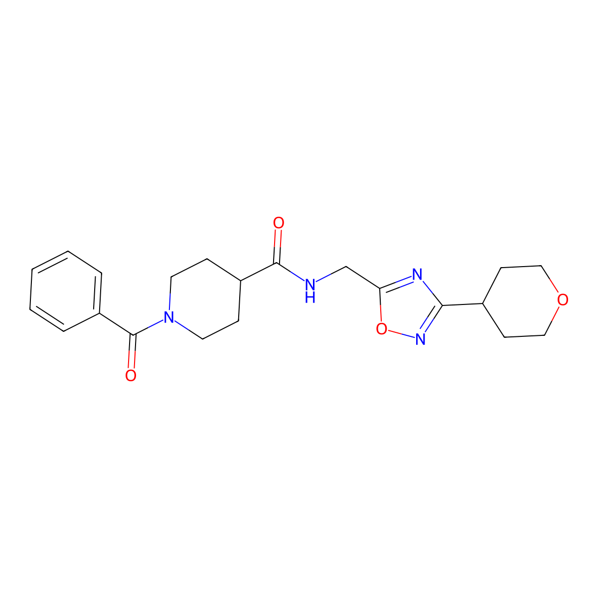 1-benzoyl-N-((3-(tetrahydro-2H-pyran-4-yl)-1,2,4-oxadiazol-5-yl)methyl)piperidine-4-carboxamide molecular structure, CAS 2034535-30-1