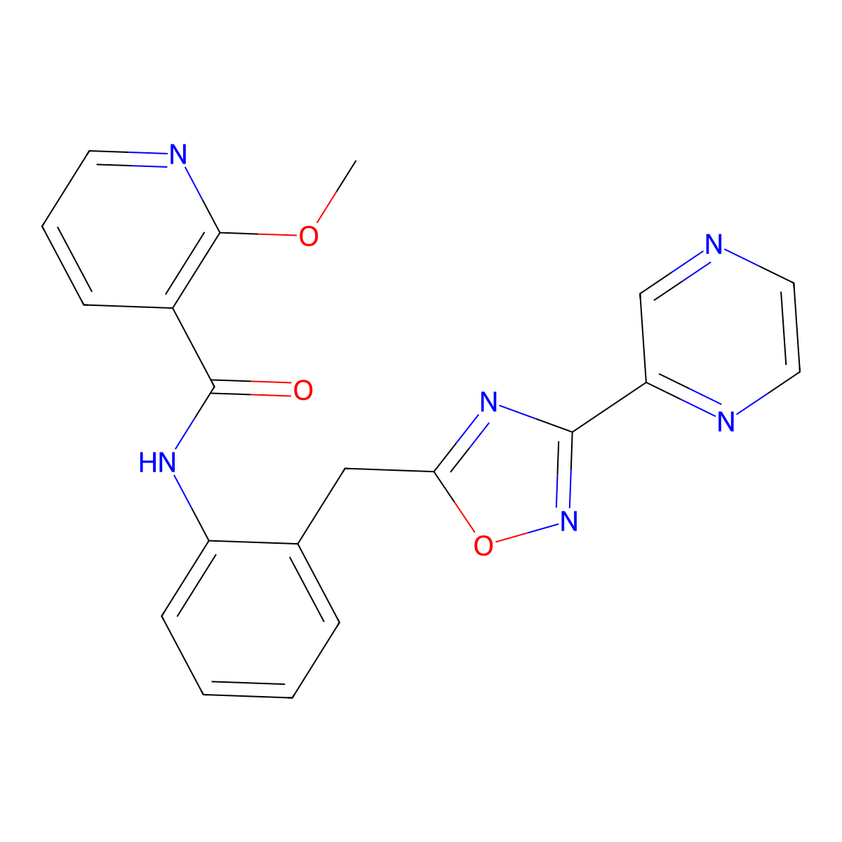 2-methoxy-N-(2-((3-(pyrazin-2-yl)-1,2,4-oxadiazol-5-yl)methyl)phenyl)nicotinamide molecular structure, CAS 2034535-34-5