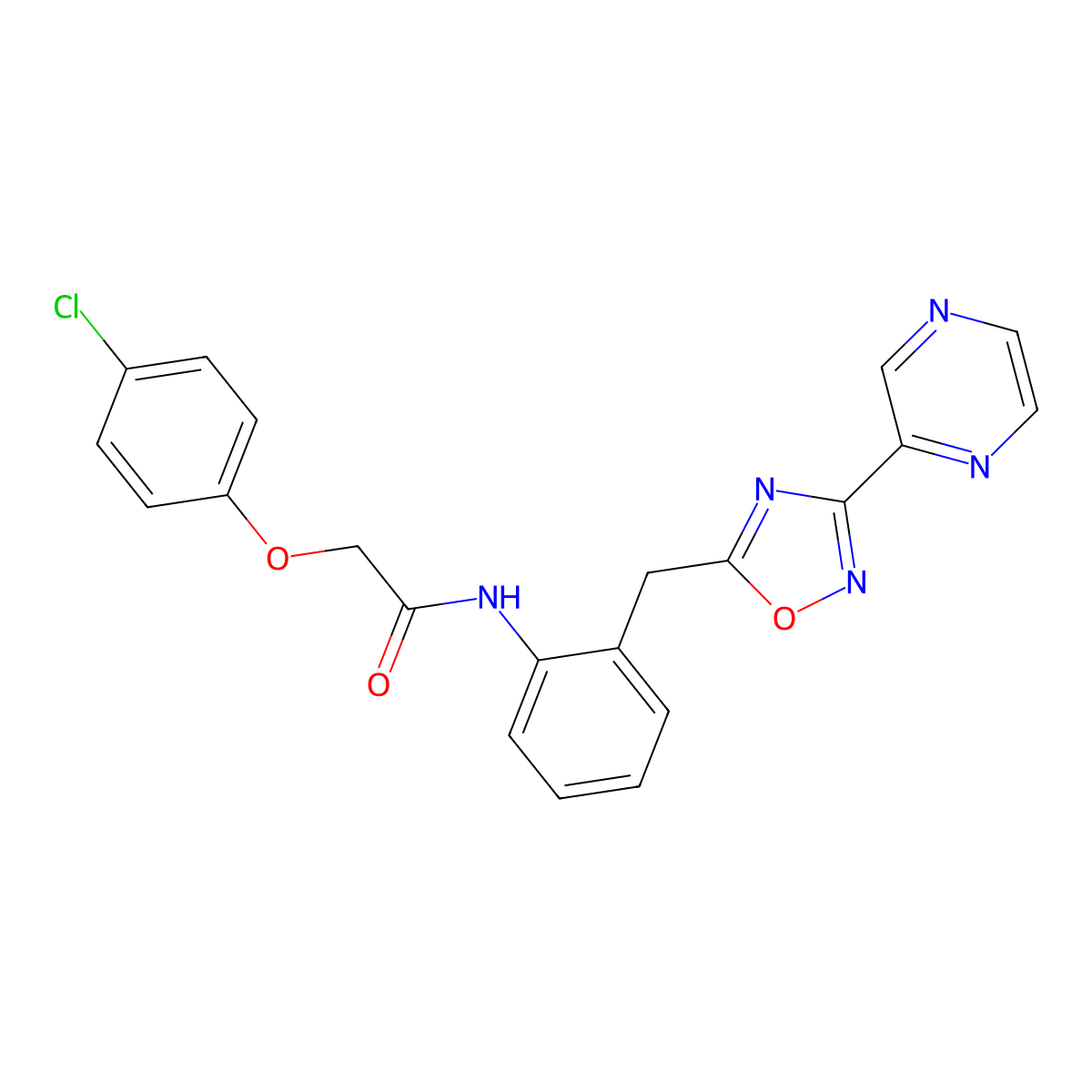 2-(4-chlorophenoxy)-N-(2-((3-(pyrazin-2-yl)-1,2,4-oxadiazol-5-yl)methyl)phenyl)acetamide molecular structure, CAS 2034535-40-3