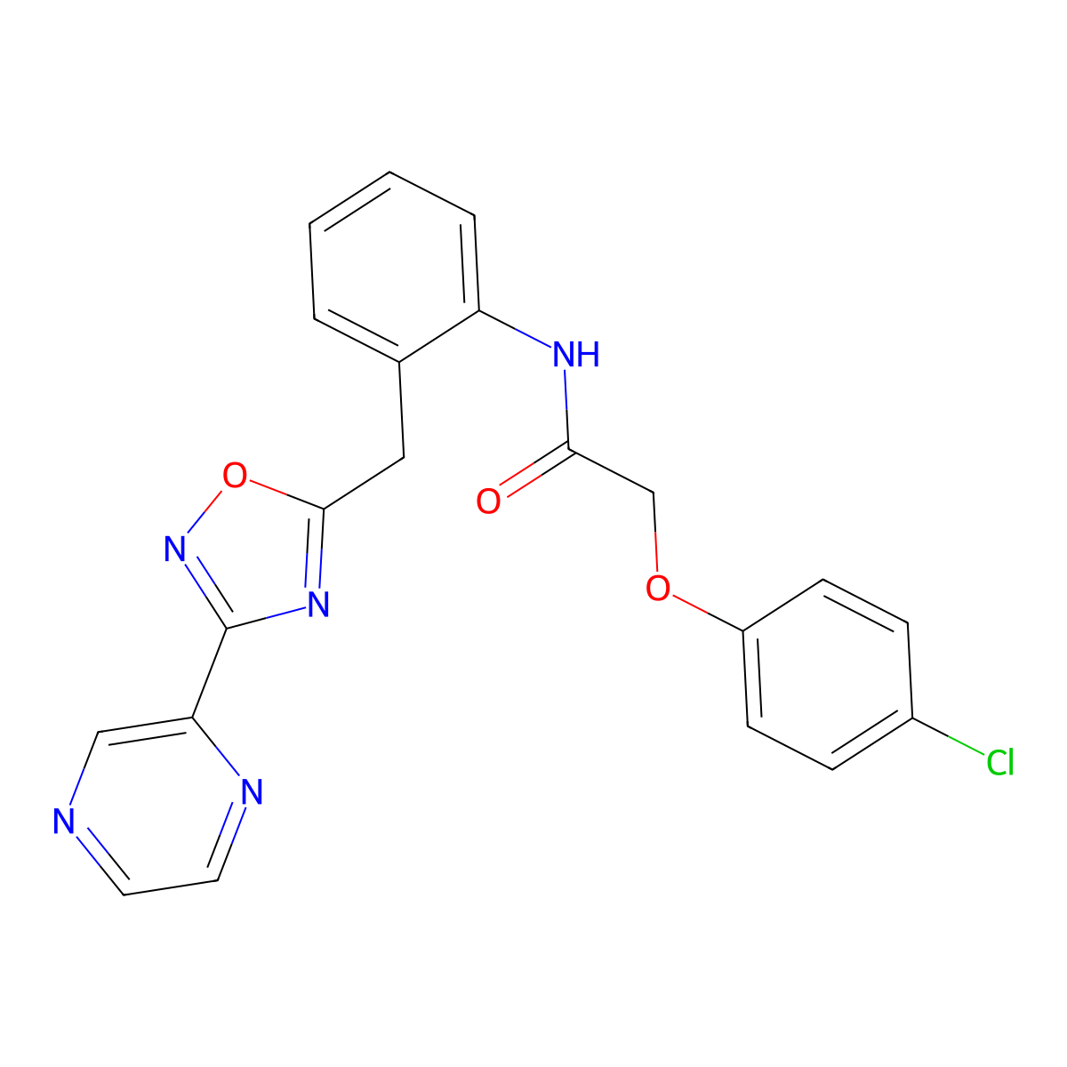2-(4-chlorophenoxy)-N-(2-((3-(pyrazin-2-yl)-1,2,4-oxadiazol-5-yl)methyl)phenyl)acetamide molecular structure, CAS 2034535-40-3