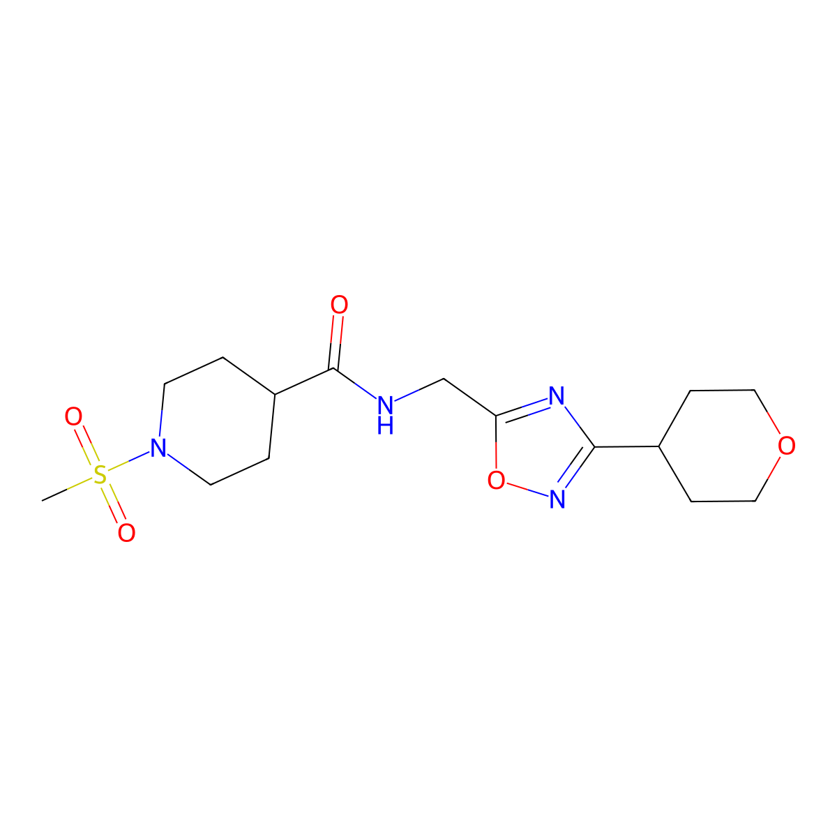 1-(methylsulfonyl)-N-((3-(tetrahydro-2H-pyran-4-yl)-1,2,4-oxadiazol-5-yl)methyl)piperidine-4-carboxamide molecular structure, CAS 2034535-45-8