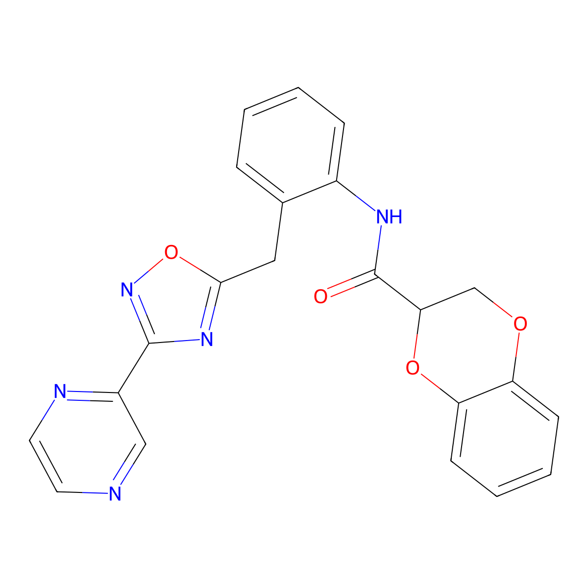 N-(2-((3-(pyrazin-2-yl)-1,2,4-oxadiazol-5-yl)methyl)phenyl)-2,3-dihydrobenzo[b][1,4]dioxine-2-carboxamide molecular structure, CAS 2034535-49-2