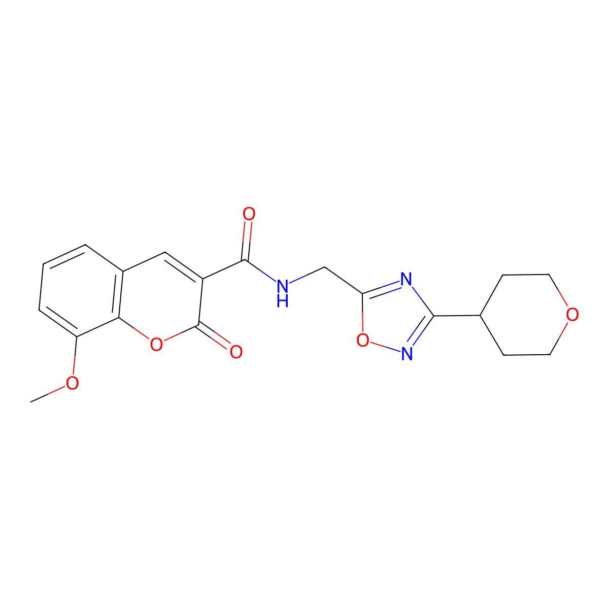 8-methoxy-2-oxo-N-((3-(tetrahydro-2H-pyran-4-yl)-1,2,4-oxadiazol-5-yl)methyl)-2H-chromene-3-carboxamide molecular structure, CAS 2034535-53-8