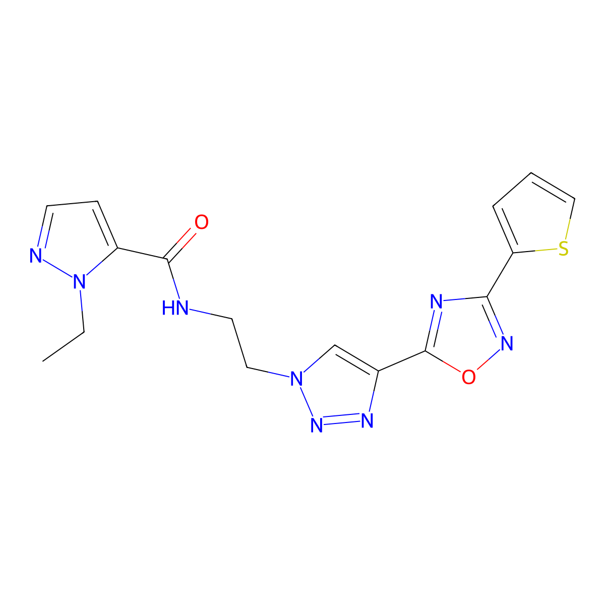 1-ethyl-N-(2-(4-(3-(thiophen-2-yl)-1,2,4-oxadiazol-5-yl)-1H-1,2,3-triazol-1-yl)ethyl)-1H-pyrazole-5-carboxamide molecular structure, CAS 2034535-56-1