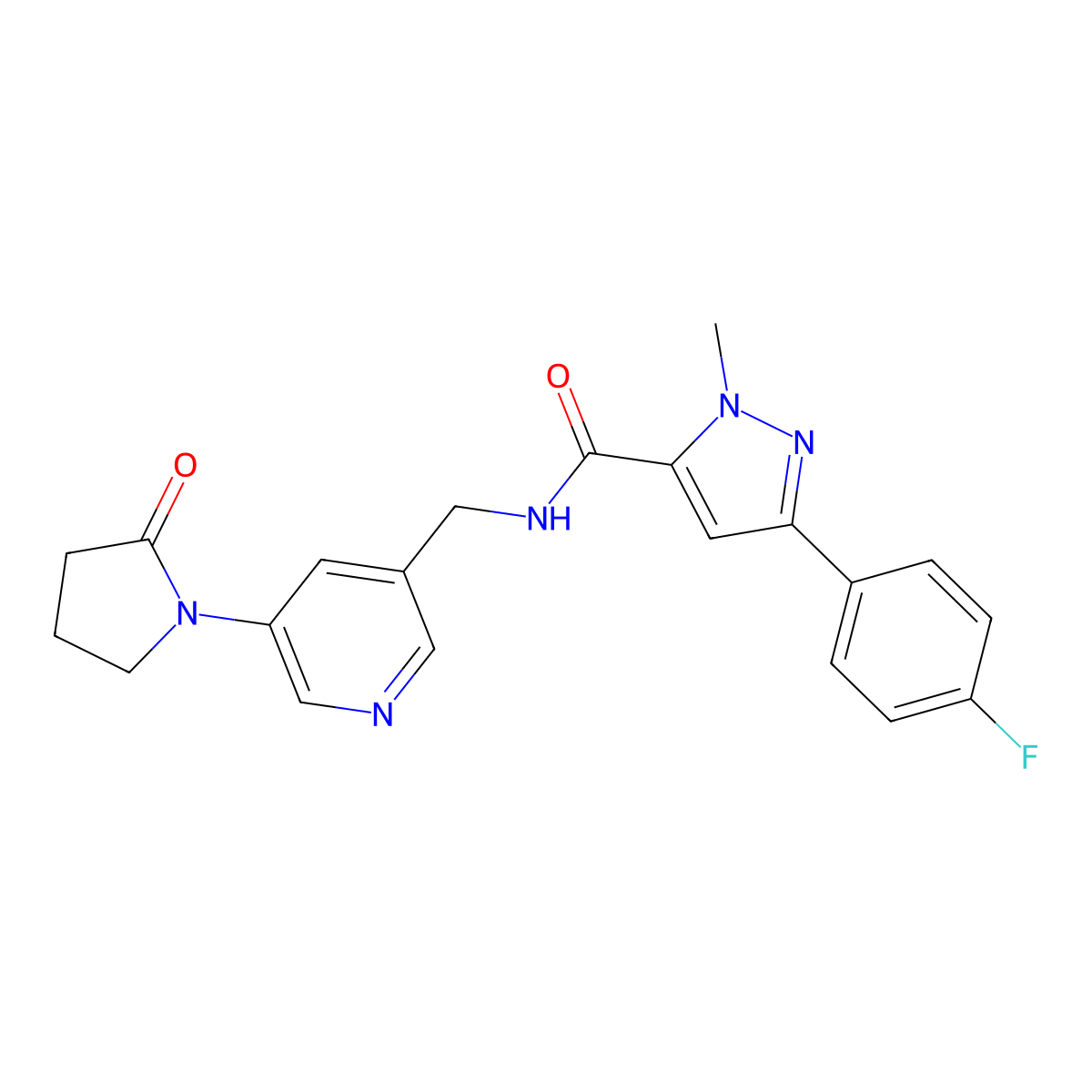 3-(4-fluorophenyl)-1-methyl-N-{[5-(2-oxopyrrolidin-1-yl)pyridin-3-yl]methyl}-1H-pyrazole-5-carboxamide molecular structure, CAS 2034535-57-2